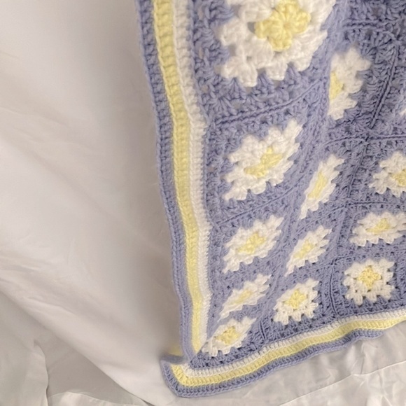 Blanket: Granny Square Blanket- pastel purple/pastel yellow/white- 50”x33” - Picture 9 of 12